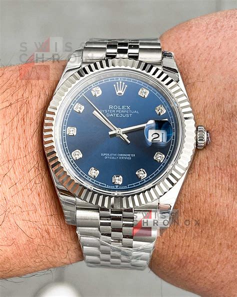 blue face silver band rolex with diamonds|rolex datejust 41 diamond bezel.